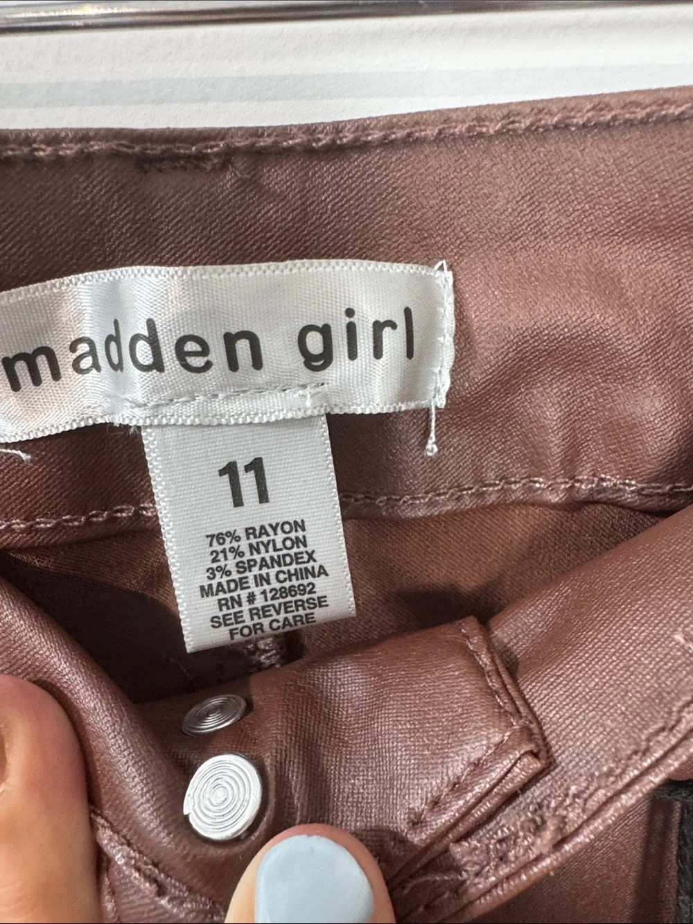 Madden Girl Junior’s Faux Leather Brown High Waisted Skinny Pants - Size 11